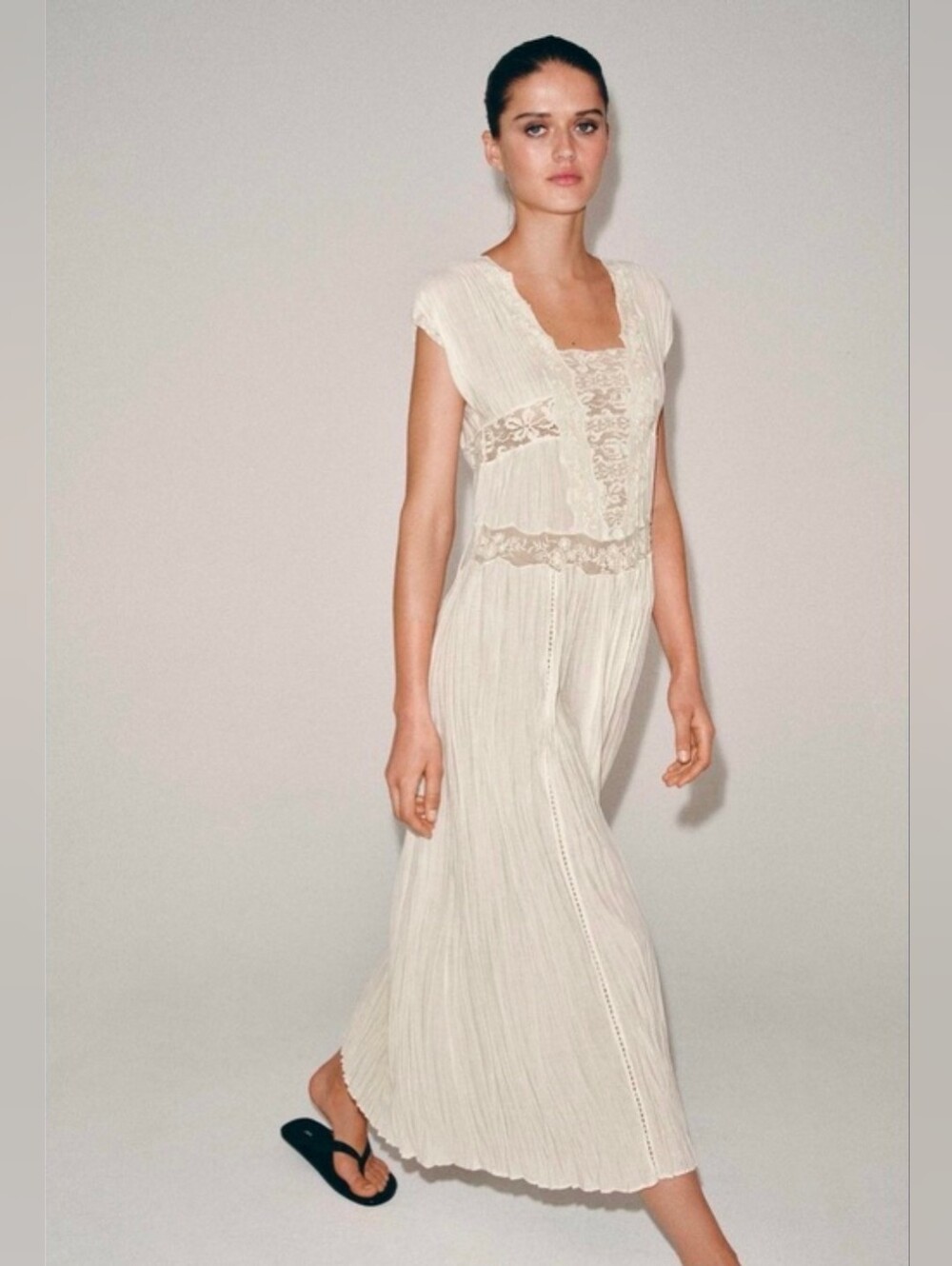 NWT Zara Collection Pleated Lace Dress Zara Lace-Trim Midi Dress Ecru 7521/056